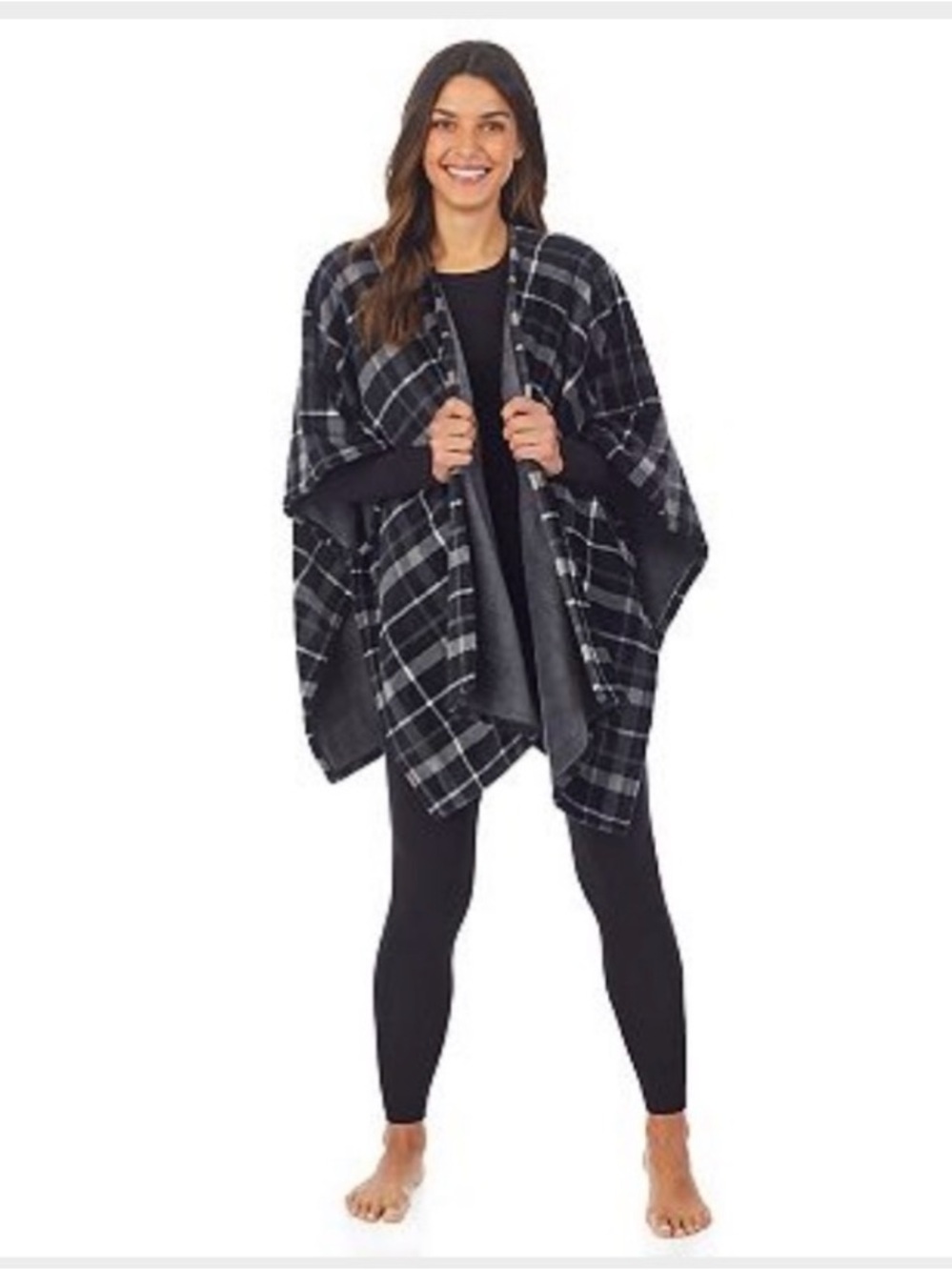 Cuddl Duds Black & Gray Plaid Open Front Wrap. Size S/M